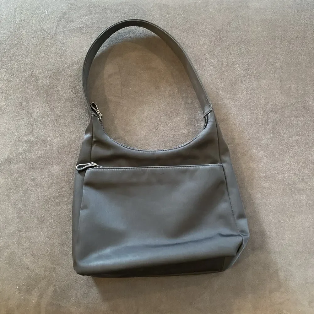Nine West Black Nylon Shoulder Bag Multi Zip Hobo Purse Womens